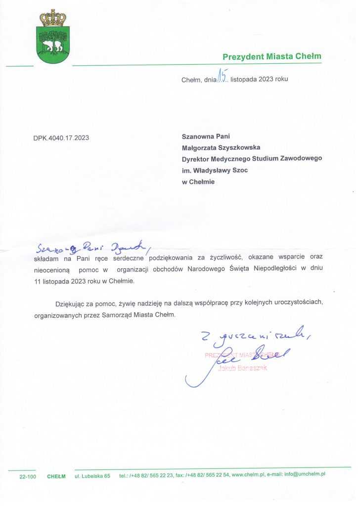Pismo - Podziękowanie otrzymane od Prezydenta Miasta Chełm Pana Jakuba Banaszka z udział szkoły w miejskich obchodach Dnia Niepodległości