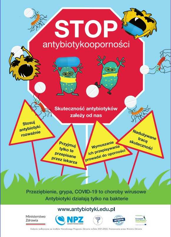 Plakat promujący akcję Stop Antybiotykoodporności - Europejskie Dzień Wiedzy o Antybiotykach oraz Światowego Tygodnia Wiedzy o Antybiotykach